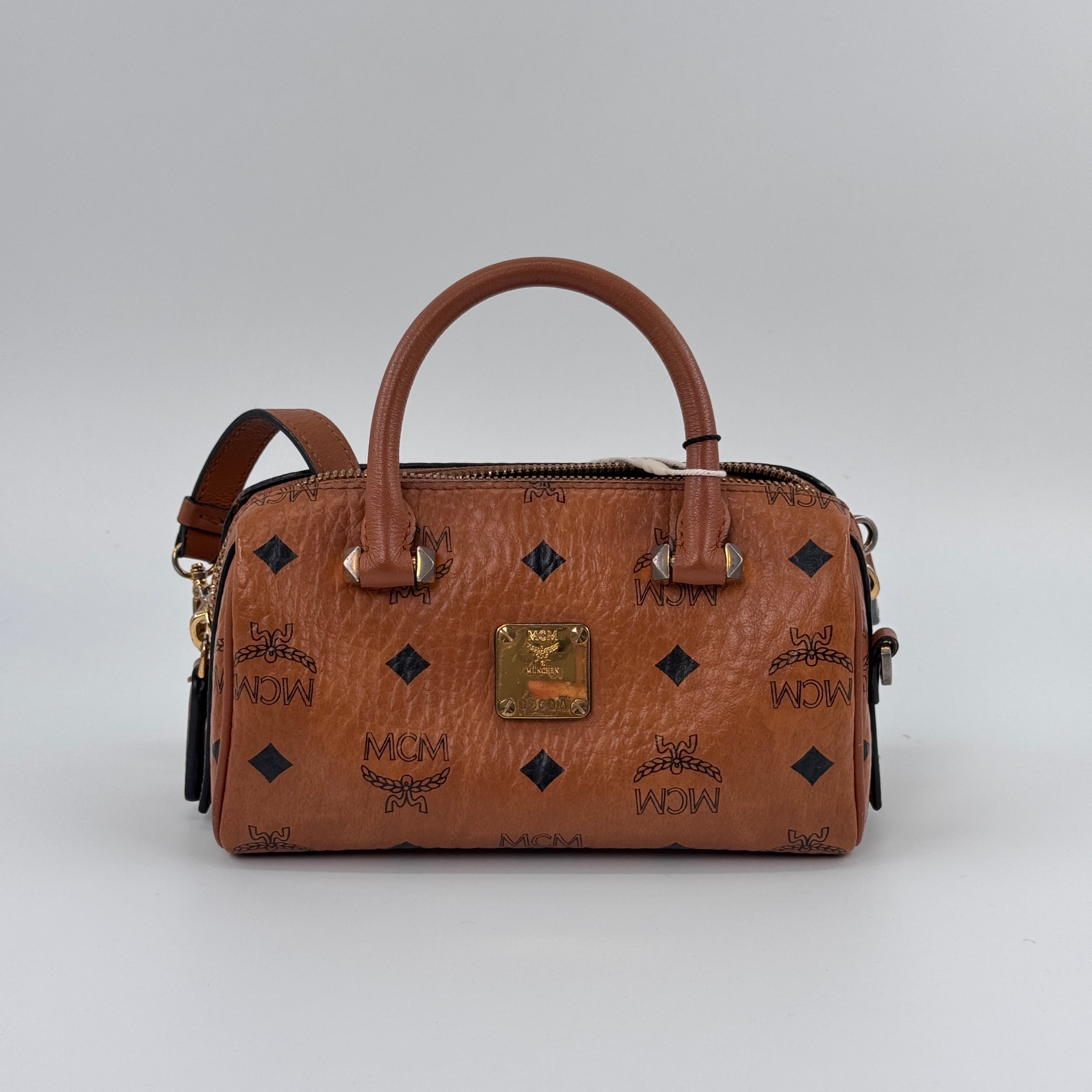 MCM Mini Boston Bag in Cognac Visetos Print