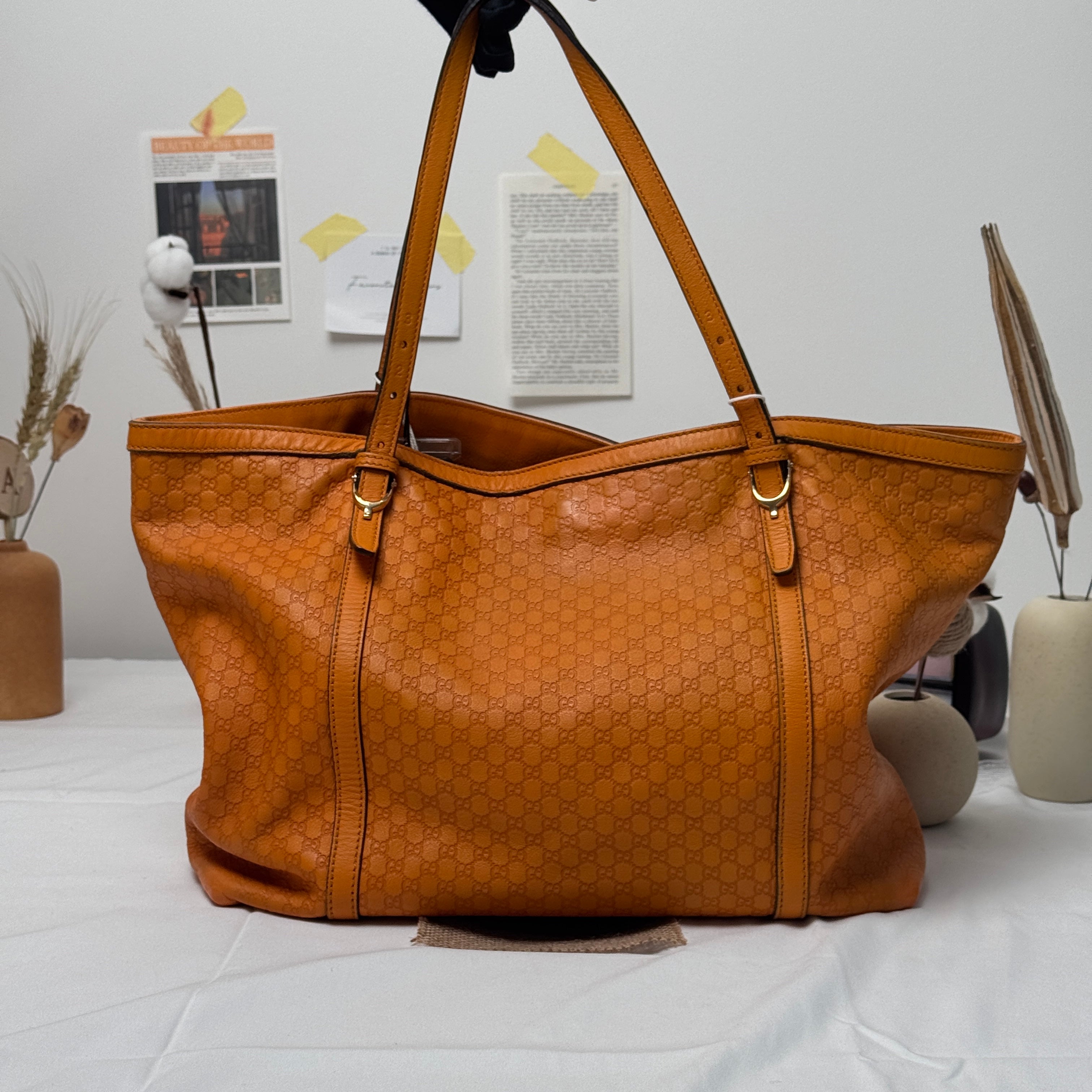 Pre‑owned Gucci Guccissima Tan Embossed Leather Tote Shoulder Bag