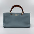 Pre‑owned Gucci Bamboo Handle Light Blue Pebbled Leather Tote Handbag