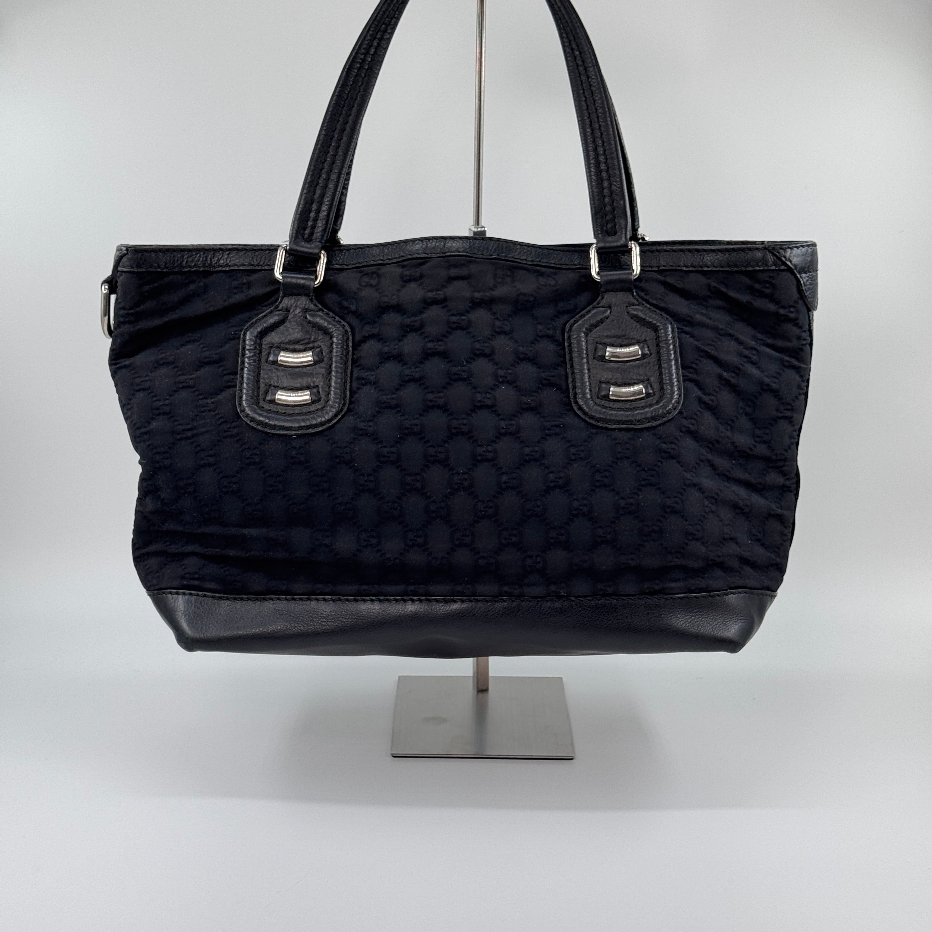 Pre‑owned Gucci Black GG Nylon & Leather Trim Large Tote Shoulder Bag