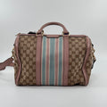 Pre‑owned Gucci GG Canvas Web Stripe Pink Leather Trim Boston Handbag