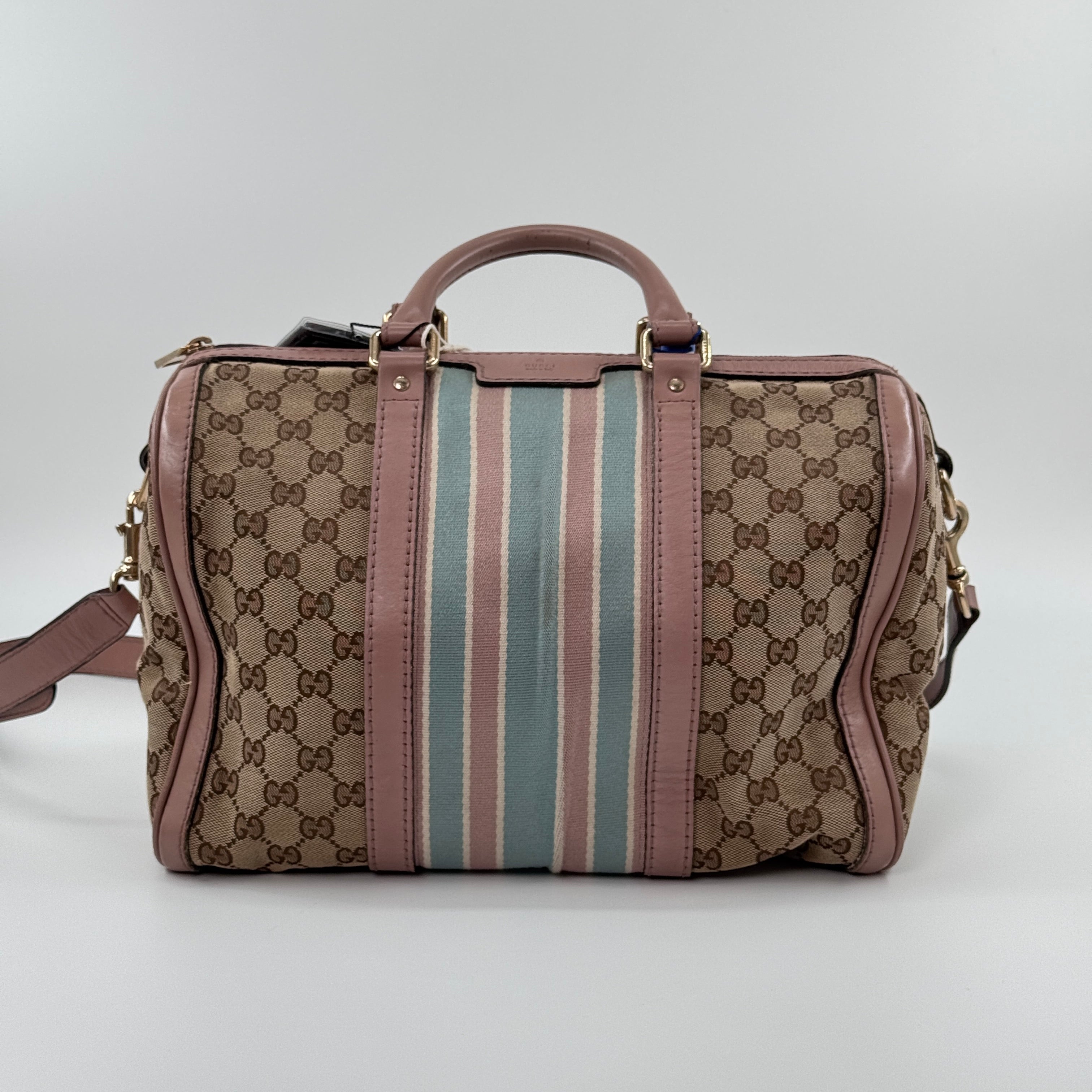 Pre‑owned Gucci GG Canvas Web Stripe Pink Leather Trim Boston Handbag