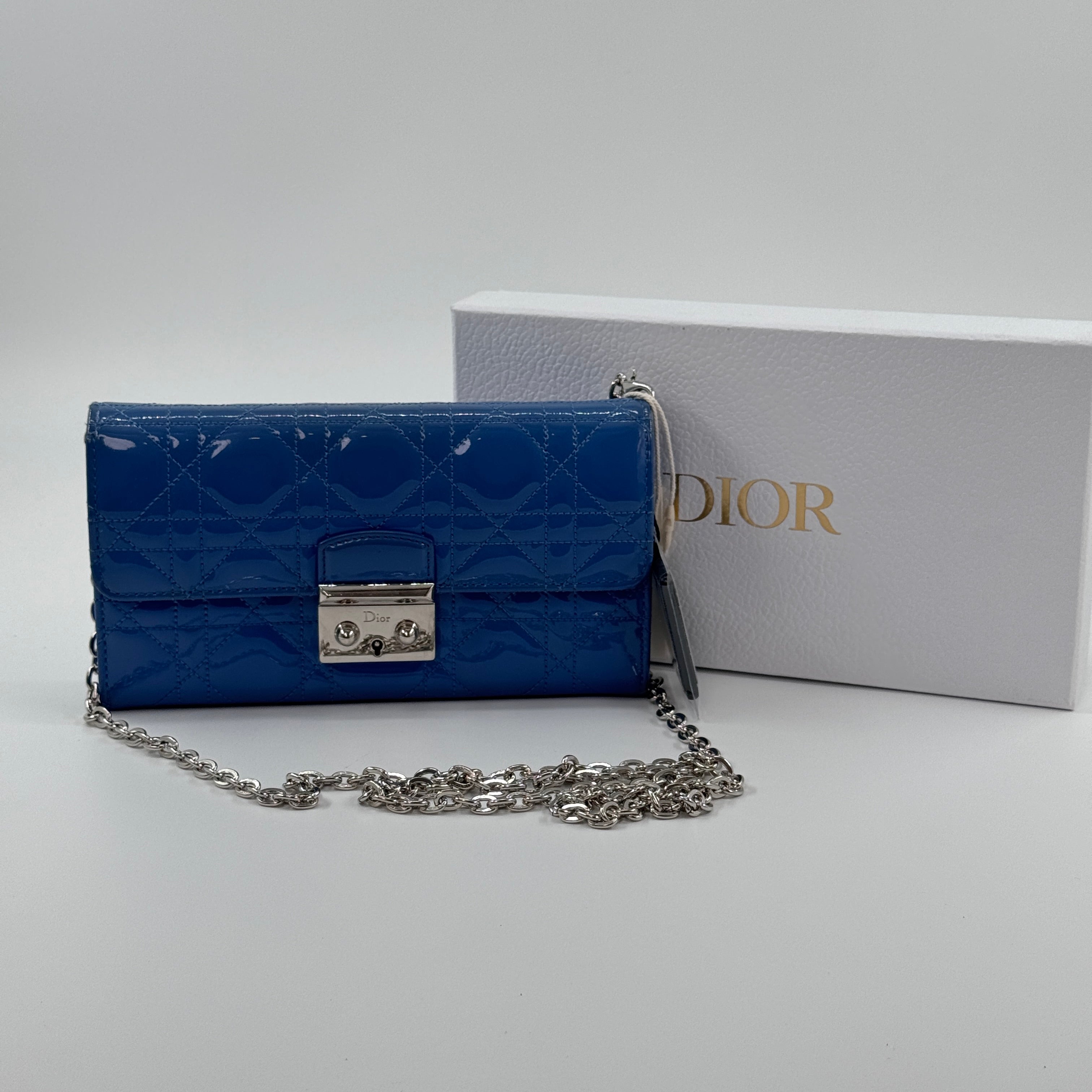 Dior Miss Dior Promenade Chain Wallet – Blue Patent Leather with Cannage Pattern