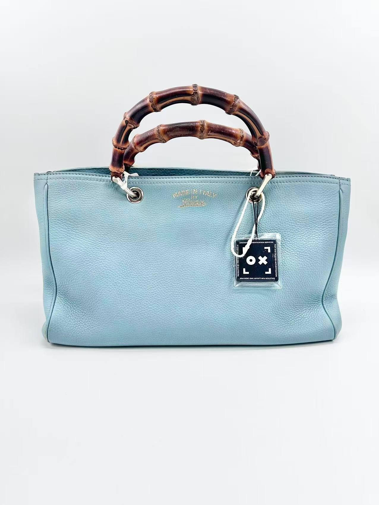 GUCCI calfskin Tote Bags Bamboo Shopper Medium Tote Bag Blue Grained Leather