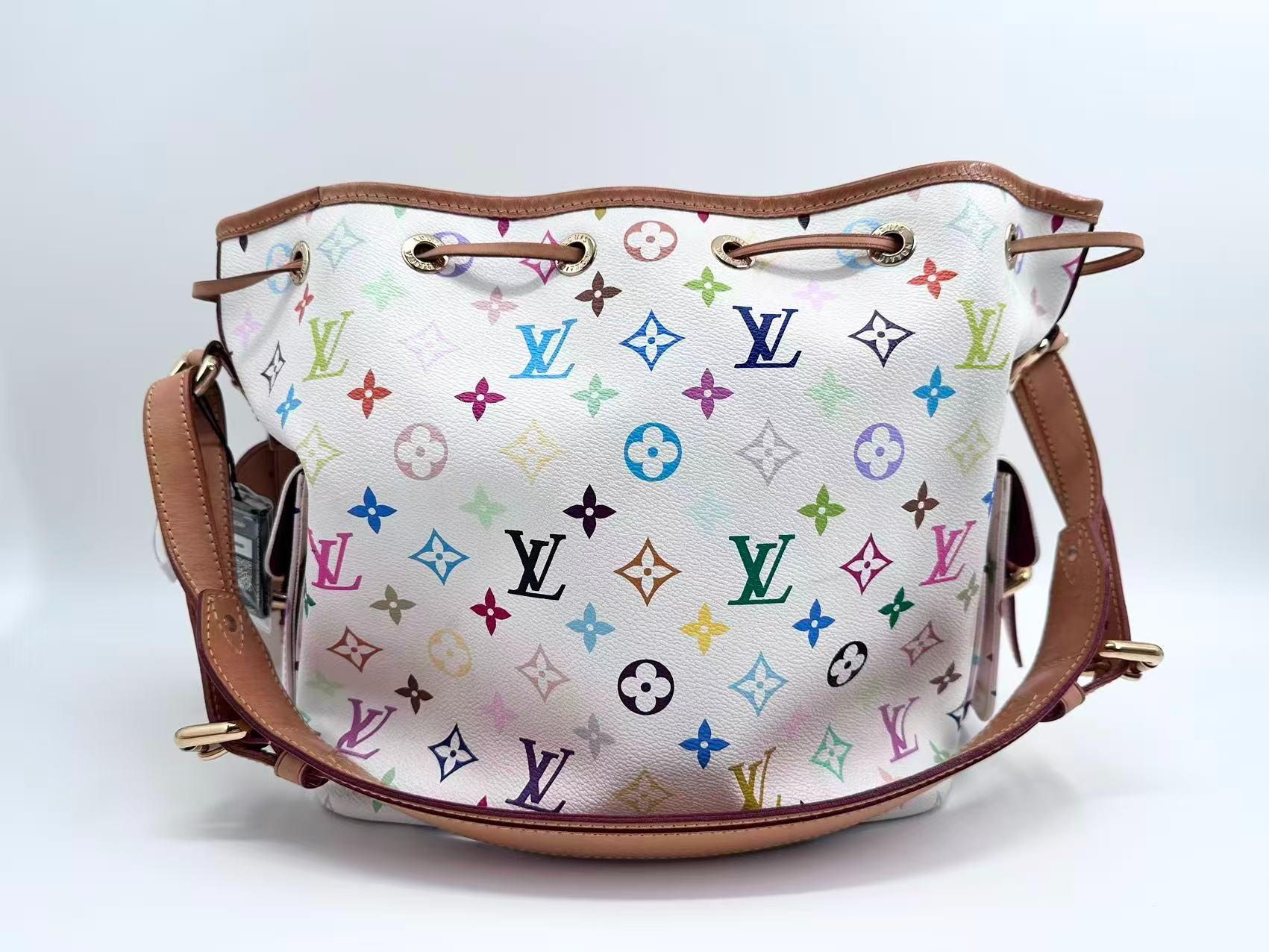 Louis Vuitton canvas Crossbody Bags LV x Murakami White Multicolore Petit Noe Drawstring Bucket Crossbody Bag Adjustable Strap