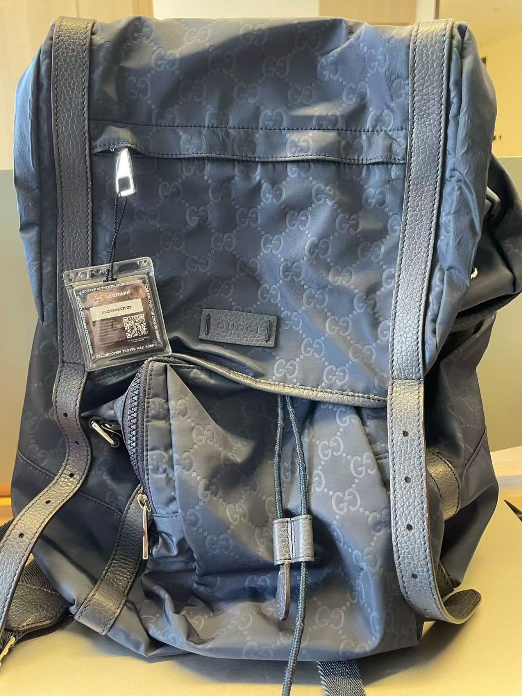 Pre‑owned Gucci Navy GG Nylon Drawstring Backpack Leather Trim Daypack