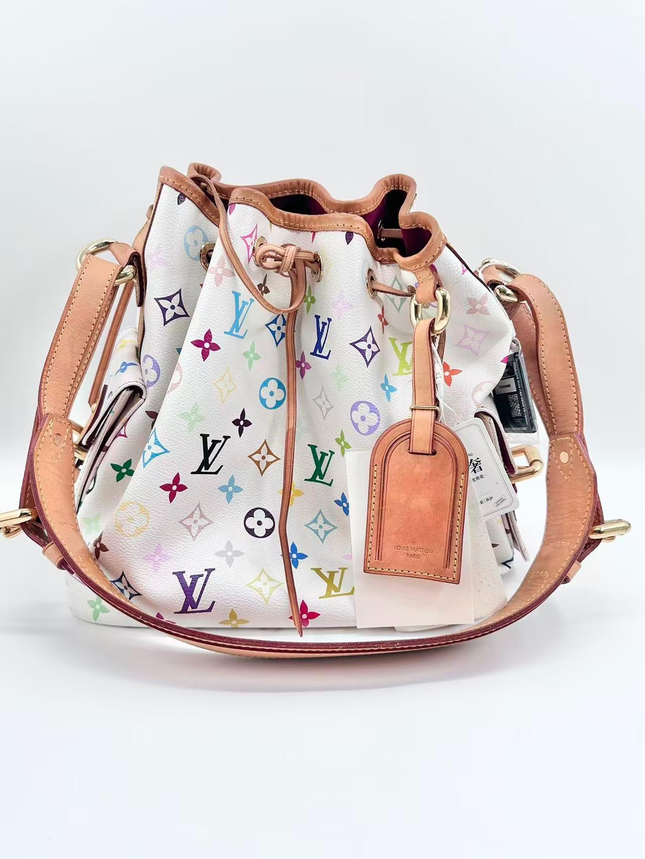 Louis Vuitton PVC Shoulder Bags Authentic Petit Noe White Multicolor Monogram Bucket Bag Takashi Murakami Limited Edition Drawstring Shoulder Bag