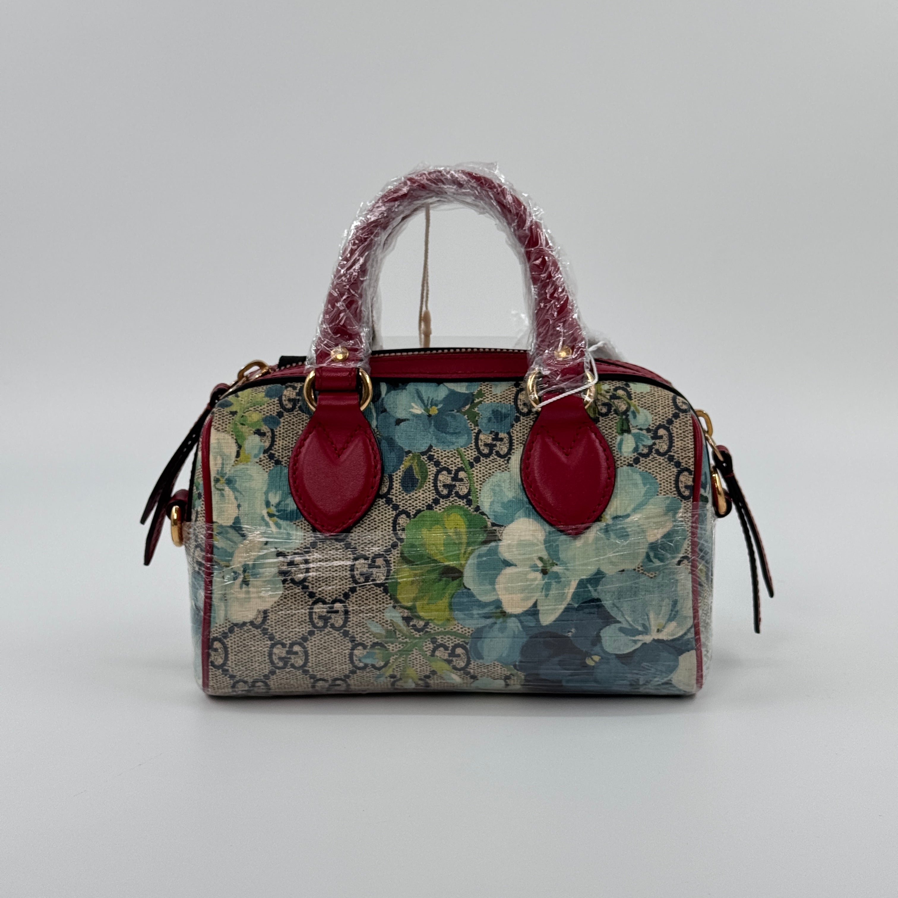 Pre‑owned Gucci Mini Boston GG Supreme Blooms Floral Print Top Handle Shoulder Handbag