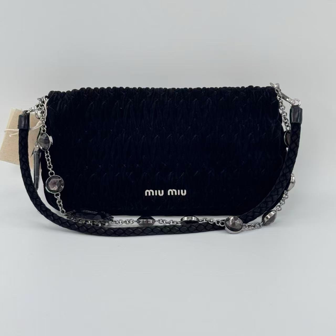 Miu Miu Vintage Black Velvet Matelasse Crystal Chain Shoulder Evening Bag