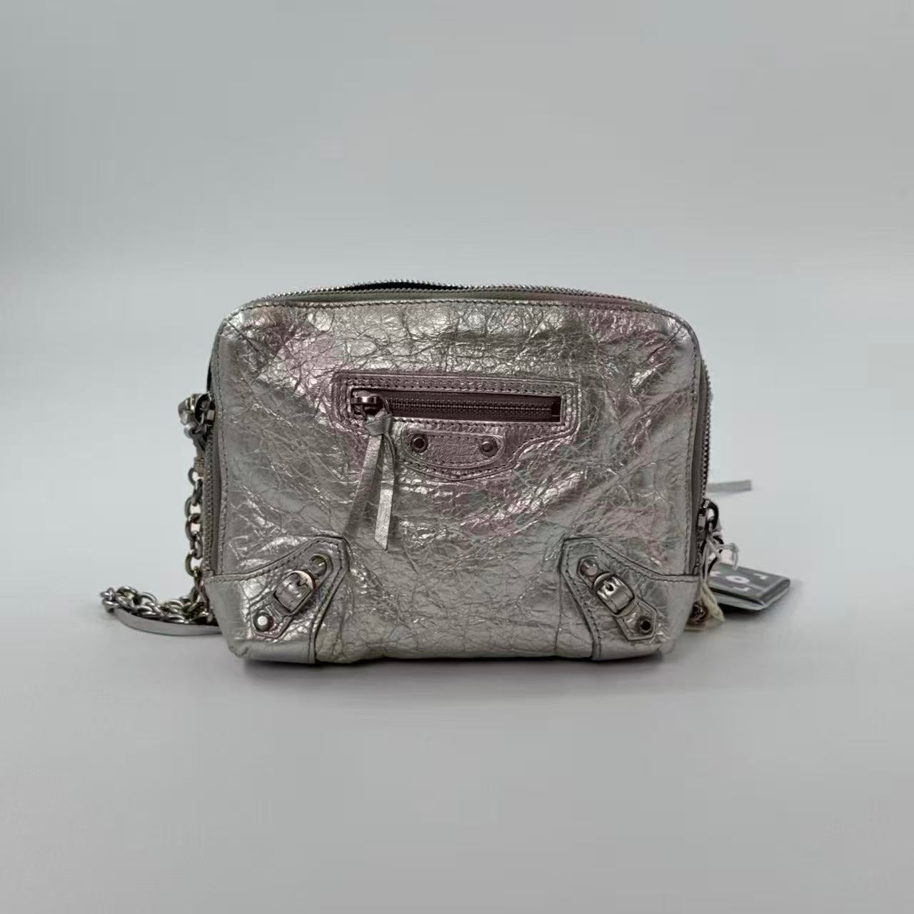 Pre‑owned Balenciaga Le City Moto Mini Metallic Lambskin Crossbody Bag
