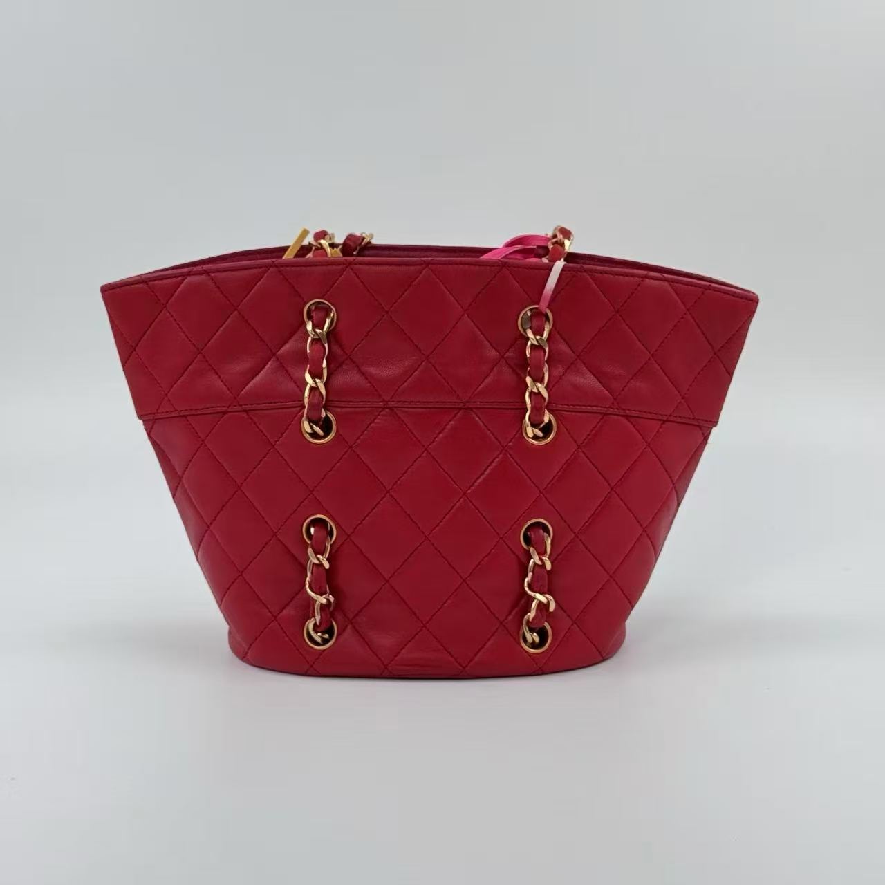 Chanel Vintage Red Quilted Lambskin Chain Shopping Tote Bag